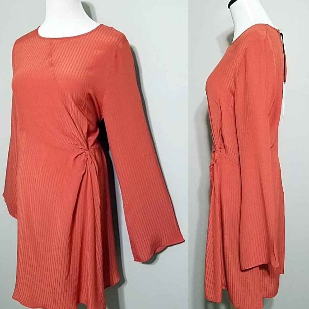 New NSR Twist Knot Flared Long Sleeve Dress L/Large Womens Burnt Orange Mini